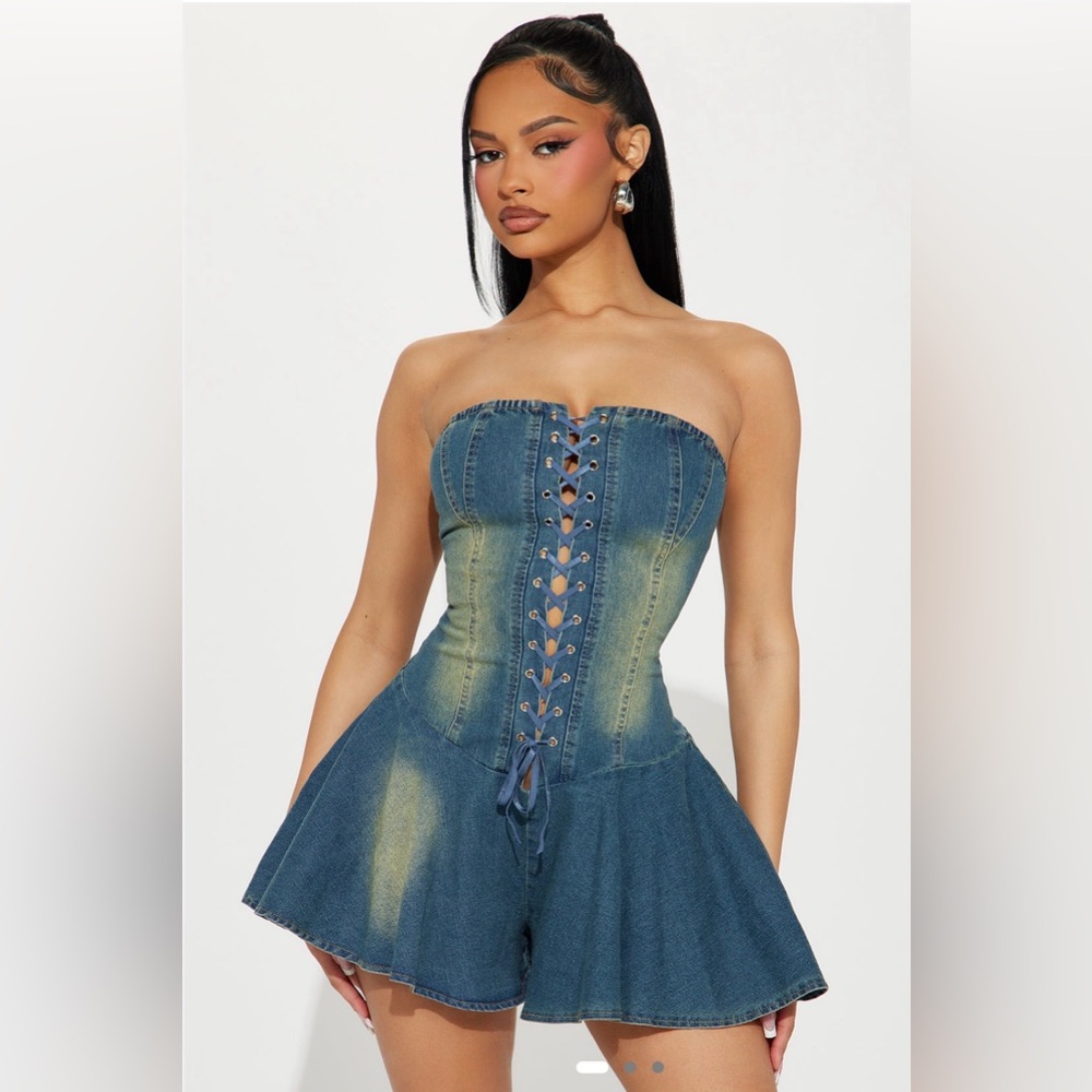 NWOT- Fashion Nova Look This Way Denim Romper - Medium Wash